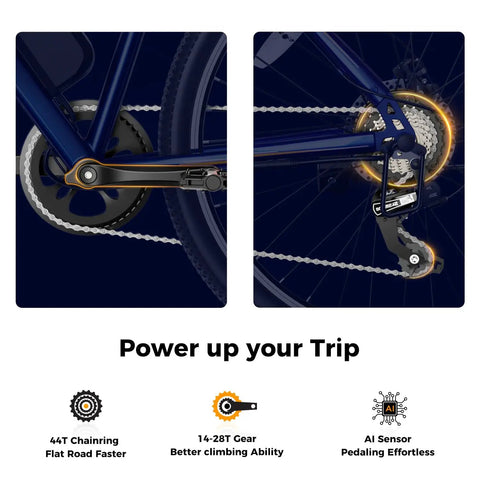 Close-up of Electric Mountain Bike For Adults With 1000W Peak Motor And 20 MPH Top Speed, showing chainring and AI sensor