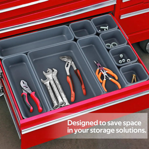 42 Pack Three Size Tool Box Organizer Trays Set With Interlocking Dividers in red drawer, organized with tools and hardware.