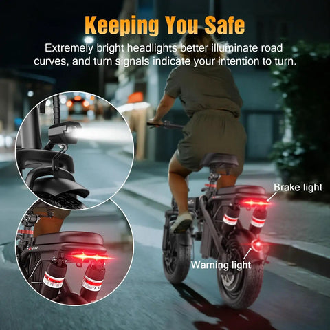 Foldable Electric Bike For Adults And Teens With 1200W Peak Motor Up To 25 MPH 45 Mile Pedal Assist Range rear view showing brake lights