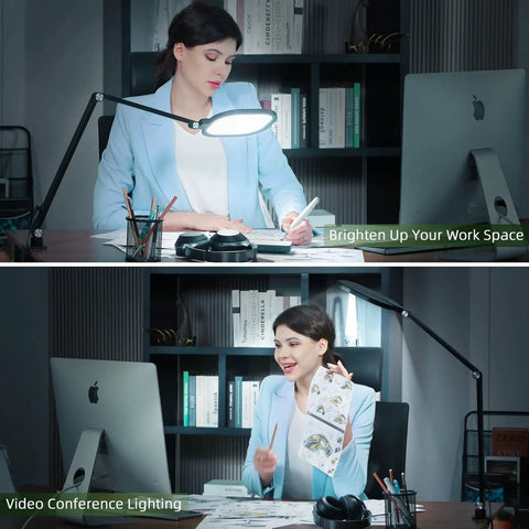 Woman using Video Conference Lighting For Computer And Webcams Dimmable 15W Ring Light With Desk C Clamp in home office.