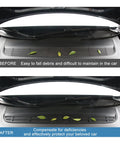 Before and after installation of Tesla Model Y Juniper Launch Series Front Air Vent Cover 2025 2026 showing debris protection.