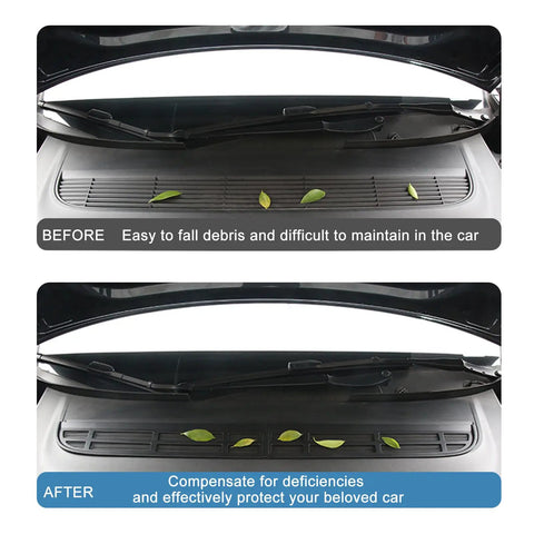 Before and after installation of Tesla Model Y Juniper Launch Series Front Air Vent Cover 2025 2026 showing debris protection.