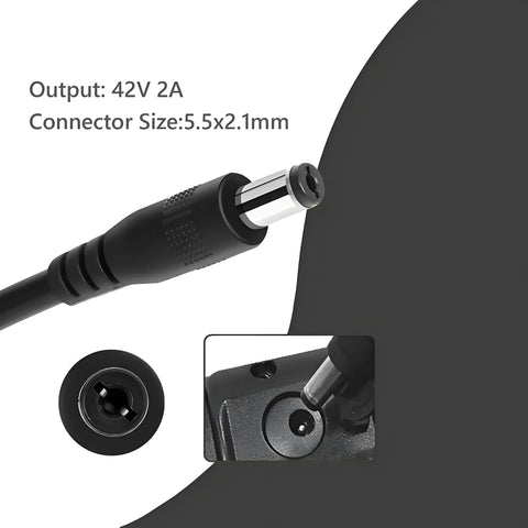 Close-up of UL Listed 42V 2A Replacement Electric Scooter Charger For 36V Li Ion Batteries With Four Plugs Fast Smart Power Adapter