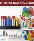 Magnetic Spray Can Holder Set Of 4 for garage and workshop, holding various colorful aerosol cans on a pegboard wall.