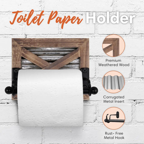 Rustic Farmhouse Toilet Paper Holder And Towel Holder Set Wall Mounted With Weathered Wood Finish And Black Metal Hardware