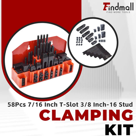 Pro Series Fifty Eight Piece Seven Sixteenths Inch T Slot Clamping Kit with Hardened Hold Down Clamps and Three Eighths Inch Sixteen Threaded Studs for Bridgeport Mill Setup Heavy Duty.