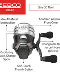 Delta Spincast Fishing Reel Size 30 With Changeable Right Or Left Hand Retrieve, Dual Ceramic Pickup Pins, Pre Spooled With 10 Pound Line
