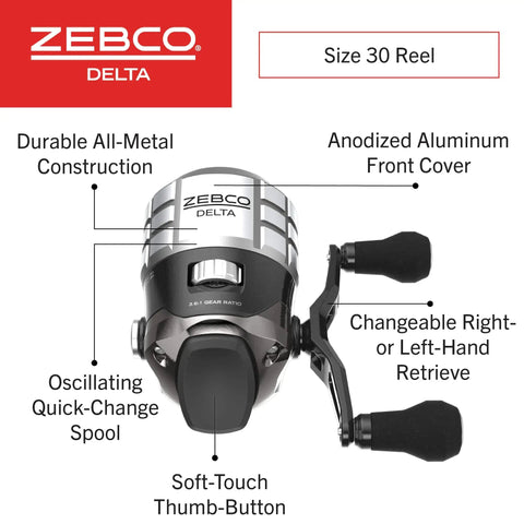 Delta Spincast Fishing Reel Size 30 With Changeable Right Or Left Hand Retrieve, Dual Ceramic Pickup Pins, Pre Spooled With 10 Pound Line