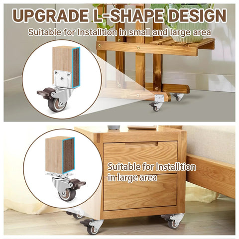 2 Inch L Shaped Side Mount Caster Wheels Set Of 4 With 360 Degree Swivel Ball Bearings Silent TPR Rubber Casters For Furniture Baby Beds Cabinets And Tables Light Duty Floor Friendly Cushioned Ride shown installed on wooden furniture and cart