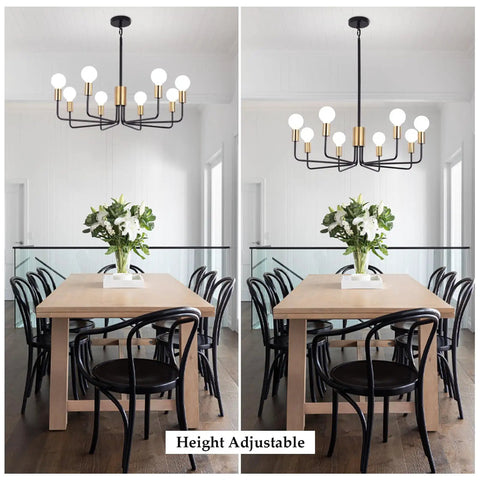 Dining room with 8 Light Sputnik Chandelier Pendant Lighting Fixture In Gold And Black, height adjustable over wooden table.