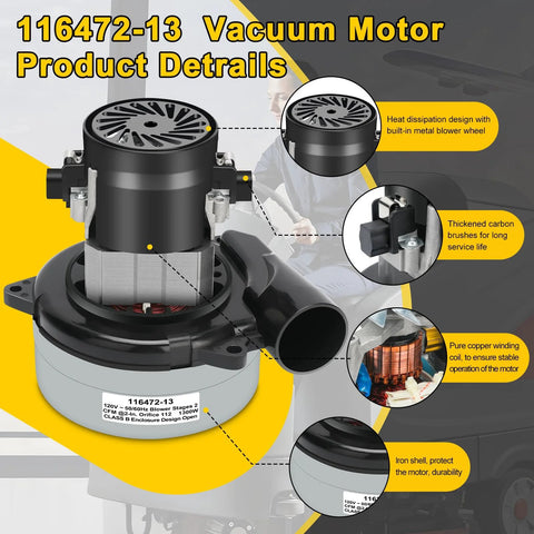 Front view of 116472-13 vacuum motor replacement; 2-stage, 5.7-inch, 112 CFM, black motor with metal housing
