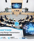 Wireless HDMI Transmitter And Receiver 4K Kit With 165Ft Range shown in conference room with presentation on large screen.