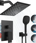 Matte Black Rain Shower System With Wall Mount, 8 Inch Square High Pressure Rain Shower Head, ABS 3-Function Handheld Sprayer, Rough-In Valve Body And Trim Included, Mixer Combo Set Easy DIY Install, showcasing shower components