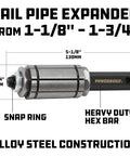 Powerbuilt tailpipe expander for 1-1/8 to 1-3/4 in exhaust pipes; alloy steel construction, heavy-duty hex bar.