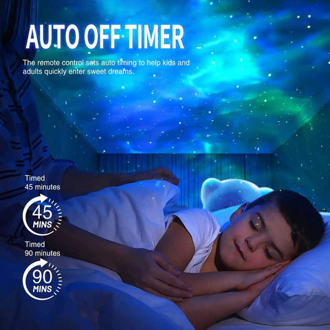 Child sleeping under Star Projector Galaxy Night Light With Nebula Effects And Green Stars, Remote And Timer ceiling display.