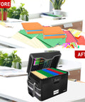 Fireproof Document Box With Lock Collapsible File Organizer With Mesh Pockets showing organized files in black safe filing box.