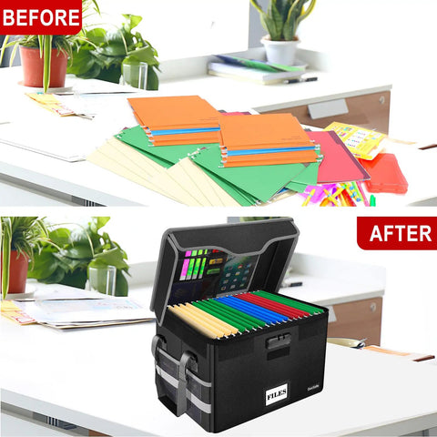 Fireproof Document Box With Lock Collapsible File Organizer With Mesh Pockets showing organized files in black safe filing box.