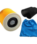 Premium HePa Filter And Textile Dust Bag 6 Pack For Vacuum Cleaners showing a yellow HEPA filter, black foam piece, and blue textile dust bag.