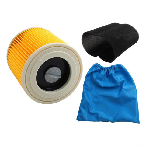Premium HePa Filter And Textile Dust Bag 6 Pack For Vacuum Cleaners showing a yellow HEPA filter, black foam piece, and blue textile dust bag.