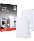Box and two Six Outlet Surge Protector Wall Tap Extenders with Side Access, 1500 Joules, 2 Pack, 3-Prong Plugs, UL Listed, White