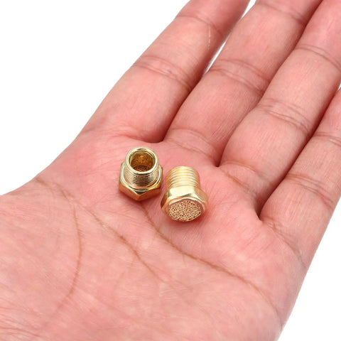 Eight-Piece 1/8 NPT Pneumatic Exhaust Muffler Kit with sintered bronze fittings shown on a hand for scale, reducing noise and pressure.