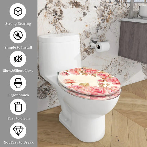Elongated Resin Toilet Seat for Bathroom Decor with floral design, 14.5" x 18.5", easy to clean and install.