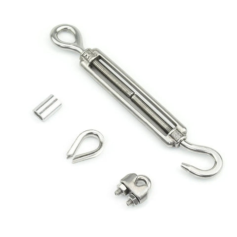 Heavy Duty Wire Rope Kit With 6 Turnbuckles M6 And Eye and Hook, 16 Cable Clamp Clips For One Eighth Inch Rope, 10 Thimbles, Stainless Steel 304