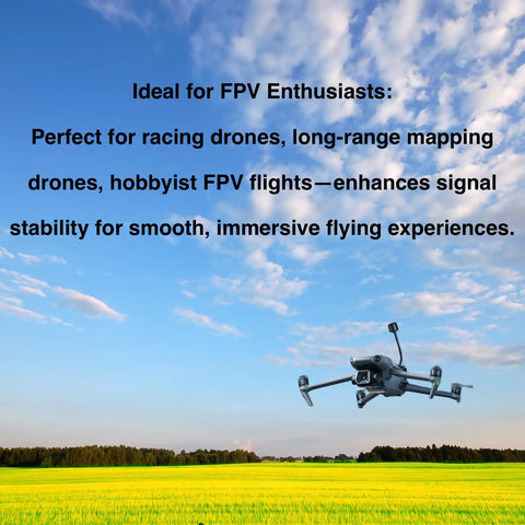 Drone flying over a field showcasing 5.8GHz Long Range FPV Antenna Pack with High Gain 2.5 Decibel LHCP SMA Male for FPV RC Drone.
