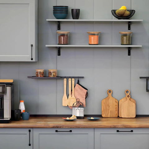 Rock Solid Metal Shelf Brackets Four Inch Square Design With Heavy Duty Wall Mounting Hardware Easy Peasy Installation For Countertops And Floating Shelves, holding kitchen items and decorations on shelves.