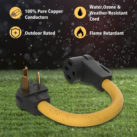 Heavy Duty Nema 10 30P To 14 50R Ev Charger Adapter With 8 Gauge Wire For Tesla And Rv Hookup on grass with water droplets.