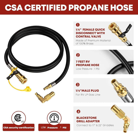 7 Foot Quick Connect Propane Hose For RV To Grill Hookup With One Quarter Inch Shutoff Valve And One Quarter Inch Male Full Flow Plug Includes Elbow Adapter For Seventeen Inch And Twenty Two Inch Blackstone Griddles showing components including brass connectors.