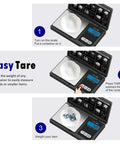 Digital Pocket Scale 500g With 0.01g Accuracy showcasing tare function with displayed weight on LCD backlight.