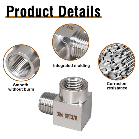 Front view of Napredak 90-degree stainless steel NPT 3/8 male-to-3/8 female elbow, forged street, 304 SS, 1 pc