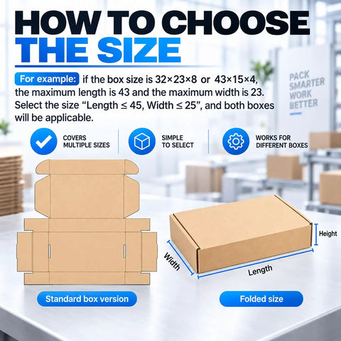 No Sweat Adjustable Box Folding Tool For Shipping Cartons And Gift Crates Super Quick One Hand Cardboard Assembler With Slide Grip Rail showing box size guide and dimensions.