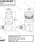 Summit Hydraulics 90-degree flat-face skid steer quick-connect coupler set, 1/2 in body, 3/8 in JIC male thread (front view)