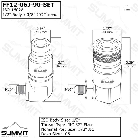 Summit Hydraulics 90-degree flat-face skid steer quick-connect coupler set, 1/2 in body, 3/8 in JIC male thread (front view)