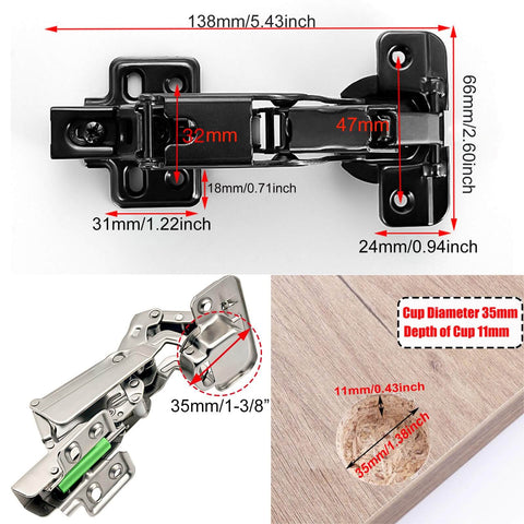 165 Degree Soft Close Cabinet Hinges 2 Pack For Frameless Kitchen Cabinets, Lazy Susan Corners, Folding Doors, Corner Cabinets And Wardrobes, Heavy Duty Cold Rolled Steel Hardware By JinBoCheng showing hinge dimensions and installation.