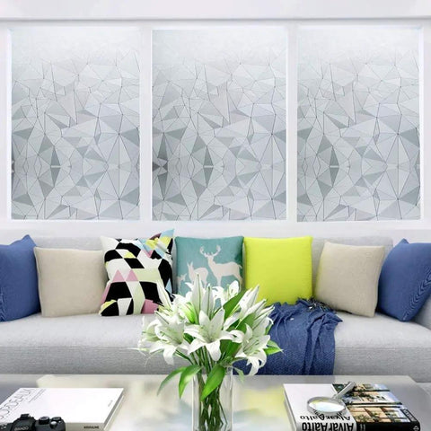 Living room with 3D No Glue Window Privacy Film With Frosted Glass Look, Static Cling Installation For Bathroom, Office, Kitchen Or Door Decor.