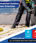 Worker using Heavy Duty 25 Foot 12 Gauge Outdoor Extension Cord With Lighted End, Waterproof 3 Prong SJTW 15A 1875W Yellow Cable, Pro Grade For Tools, Lawn Gear And Major Appliances, ETL Listed in outdoor construction setting.