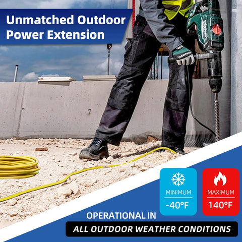 Worker using Heavy Duty 25 Foot 12 Gauge Outdoor Extension Cord With Lighted End, Waterproof 3 Prong SJTW 15A 1875W Yellow Cable, Pro Grade For Tools, Lawn Gear And Major Appliances, ETL Listed in outdoor construction setting.