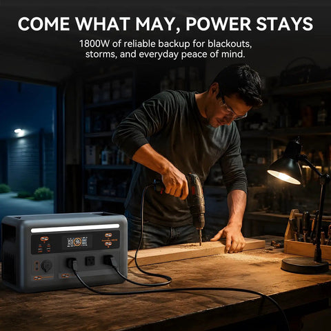 Beast Mode 1024Wh LiFePO4 Portable Power Station Solar Generator Packing No Sweat 1800W used on a workbench with power tools.