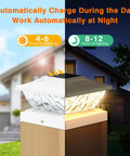 Six Pack Solar Post Cap Lights For Outdoor Fence And Deck With Two Color Modes Cool White And Warm White Waterproof Solar Powered Post Caps For 4x4 4.5x4.5 And 5x5 Posts Garden Decor Dope shown charging in daylight and glowing at night