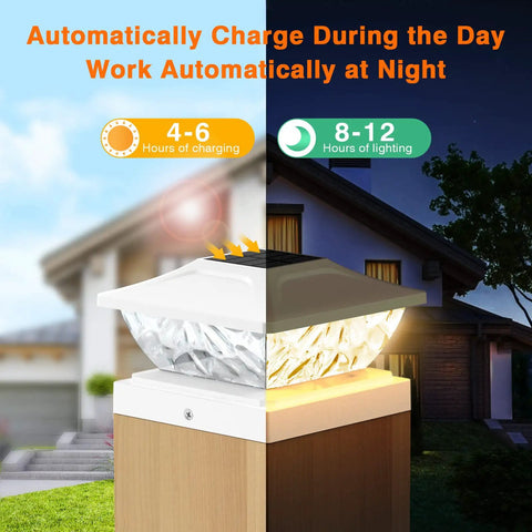 Six Pack Solar Post Cap Lights For Outdoor Fence And Deck With Two Color Modes Cool White And Warm White Waterproof Solar Powered Post Caps For 4x4 4.5x4.5 And 5x5 Posts Garden Decor Dope shown charging in daylight and glowing at night