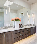 Bathroom vanity with 50 Pack 6 Inch Brushed Stainless Steel Cabinet Pulls with three and three quarters inches center to center spacing.
