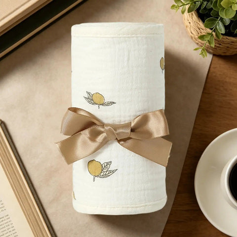 Rolled Bed Rail Teething Protector For Sides And Corners, Breathable Cotton Gauze Cover with Ribbon, Lemon Print