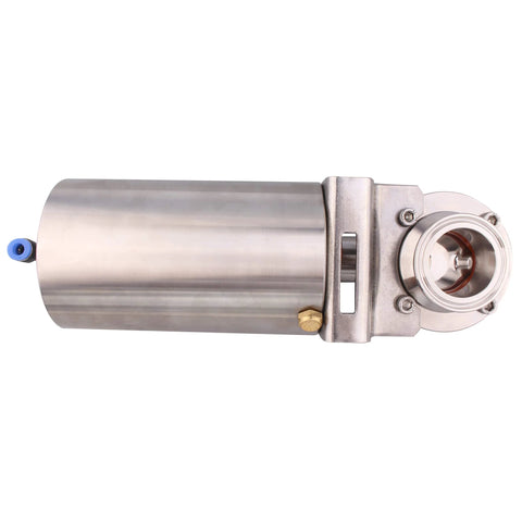 Side view of 1.5-inch SS304 sanitary butterfly valve with pneumatic actuator, tri-clamp connection, single-acting.