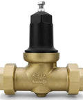 Brass pressure reducing valve with black top cap, 1-1/4 in NPT connections, front view
