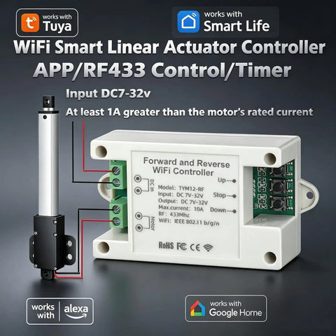 Smart Wifi Linear Actuator Controller delivering no sweat forward and reverse control with DC input 7-32V, timer, and remote features.