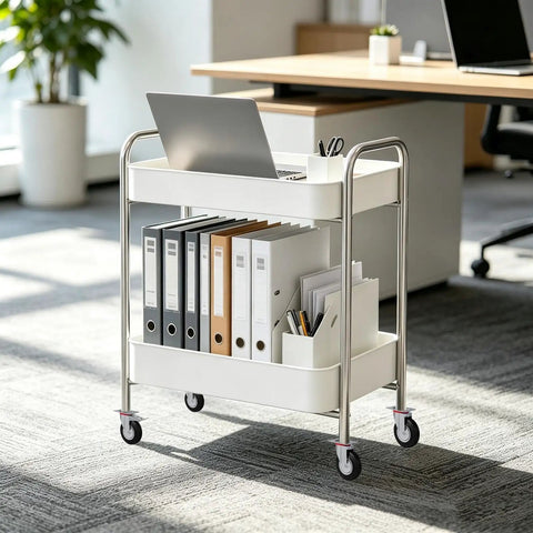 Office cart with files and laptop on 4-Pack Beefy Heavy Duty Swivel Caster Wheels With Rubber Furniture Casters, Lockable 360 Degree Swivel