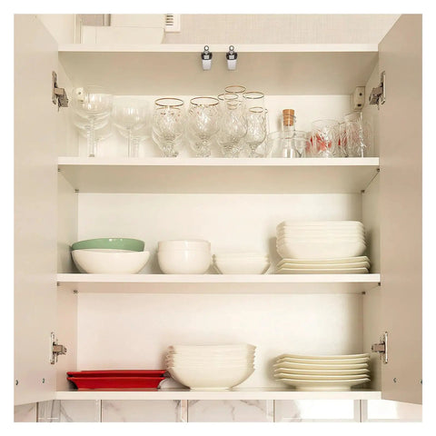 Open cabinet with Magnetic Push Cabinet Latch Set For Self Closing Doors With Stainless Steel Bumpers And Soft Close Hardware